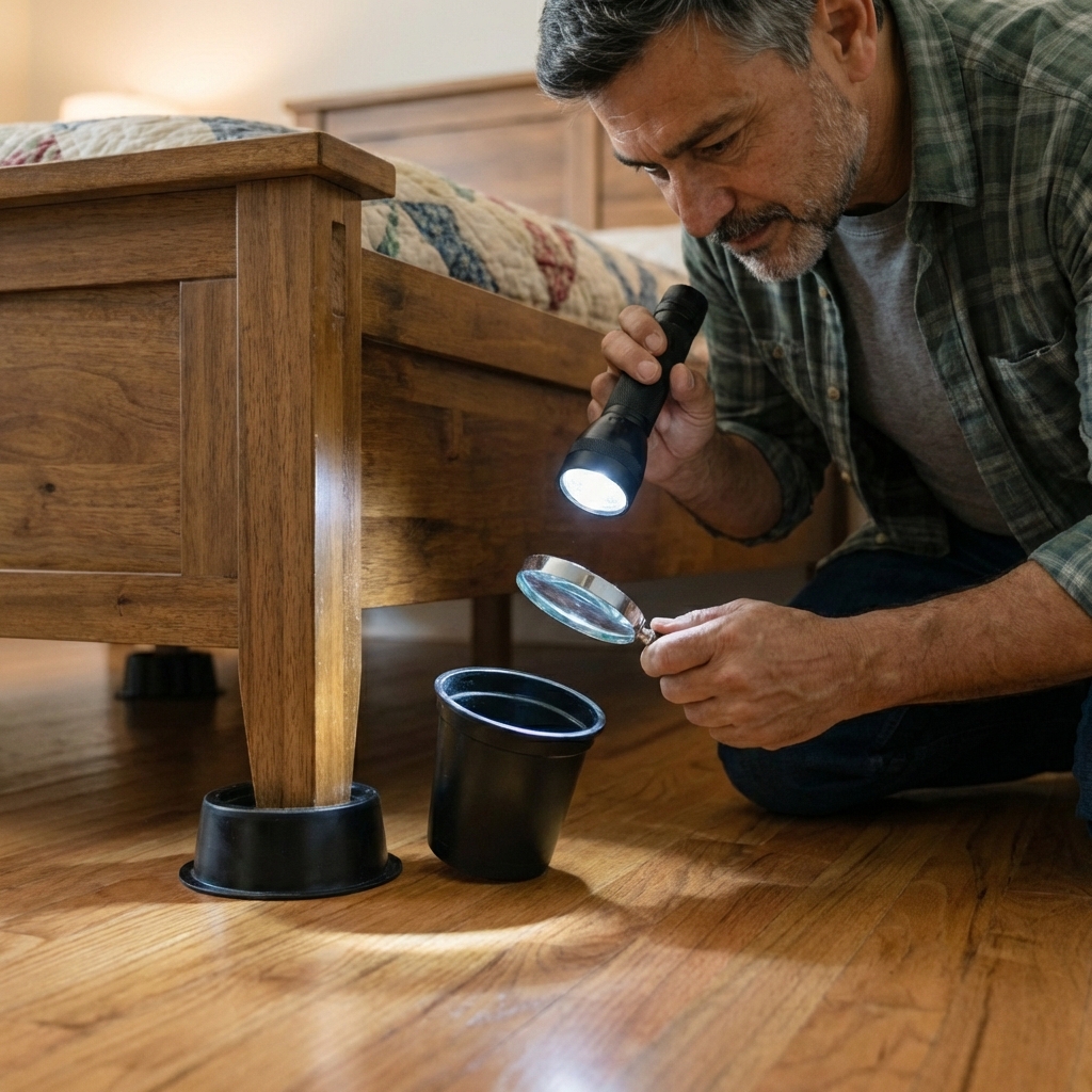 Interceptor cups placed under the legs of a bed on a hardwood floor