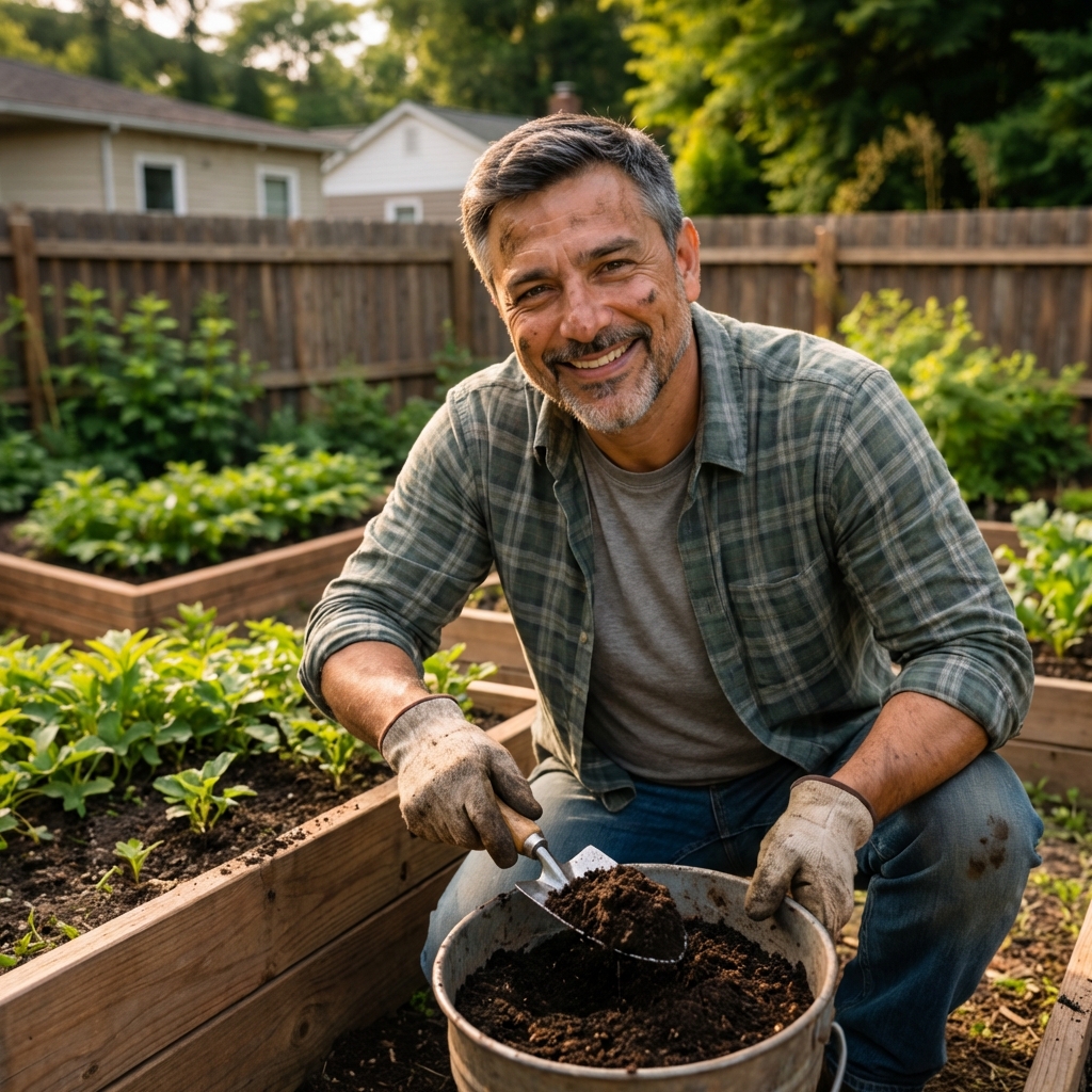 Jose Britto adding compost to a raised bed