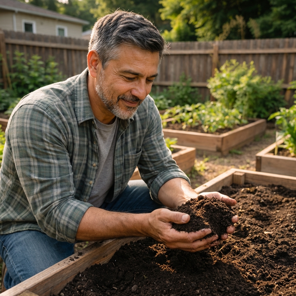 Jose Britto kneeling by a raised bed, holding rich soil