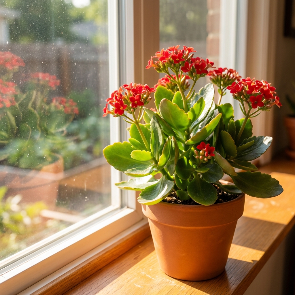 Kalanchoe placed close to a bright window with sunlight hitting the leaves
