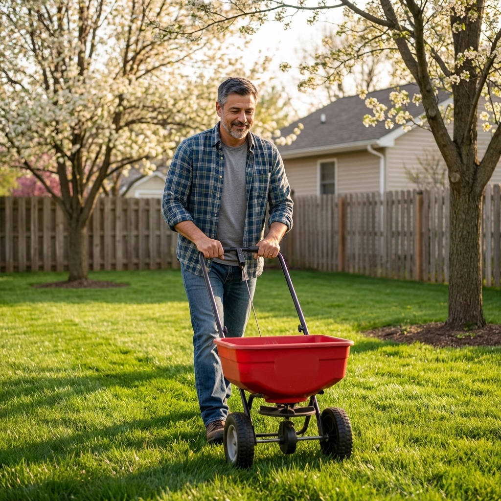 Lawn spreader being pushed across a yard in spring