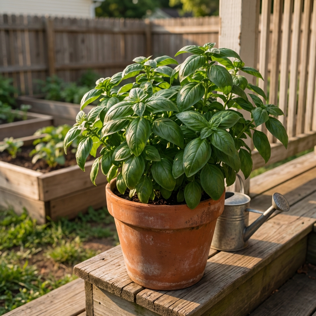 Lush basil plant growing in a terracotta pot on a porch step
