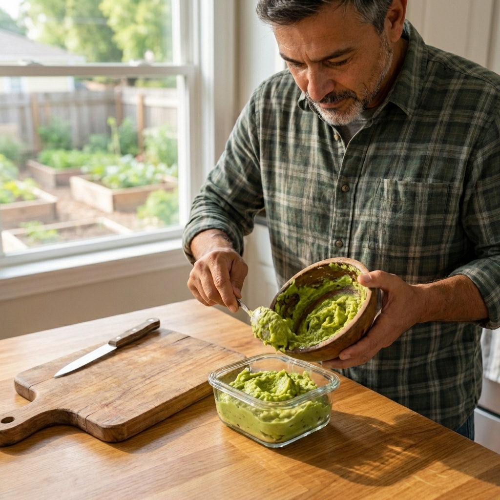 Mashed avocado being spooned into a small freezer-safe container on a kitchen counter