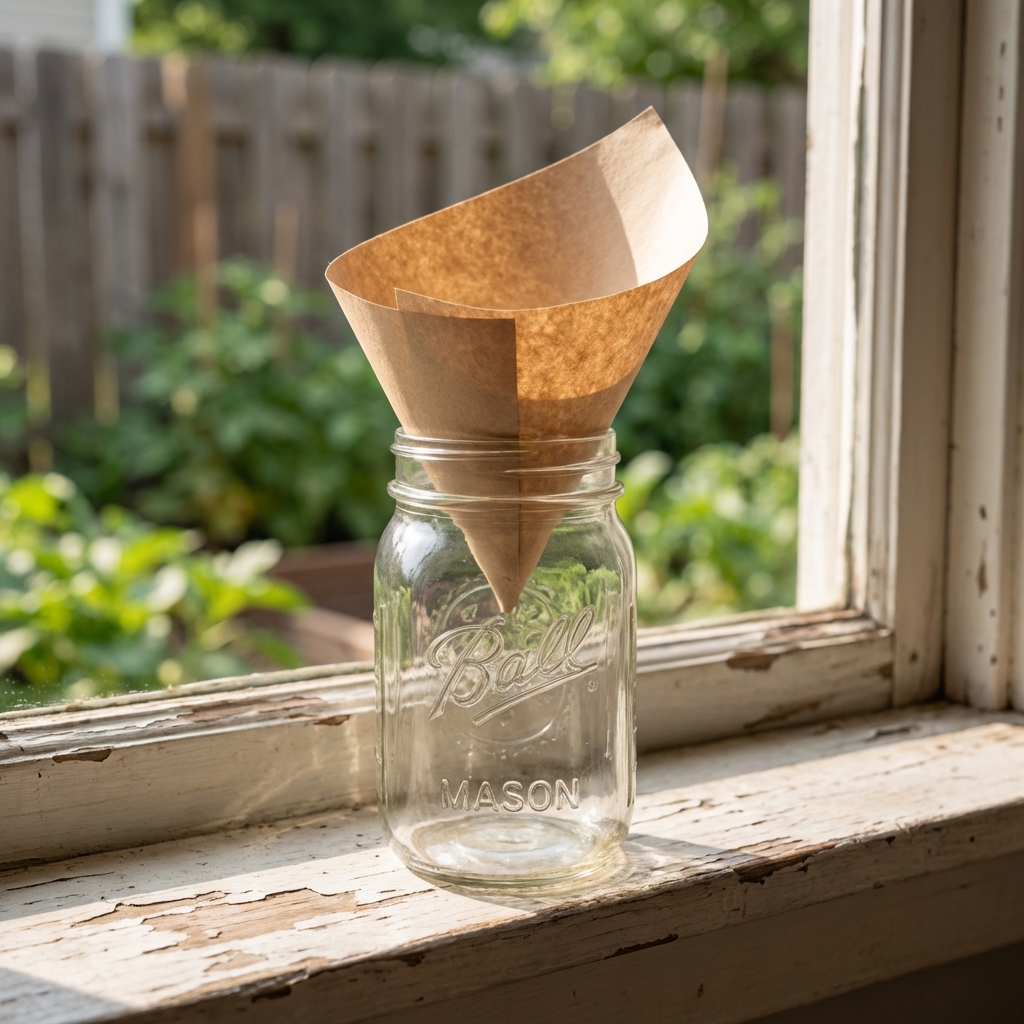 Mason jar with a paper funnel inserted on a windowsill
