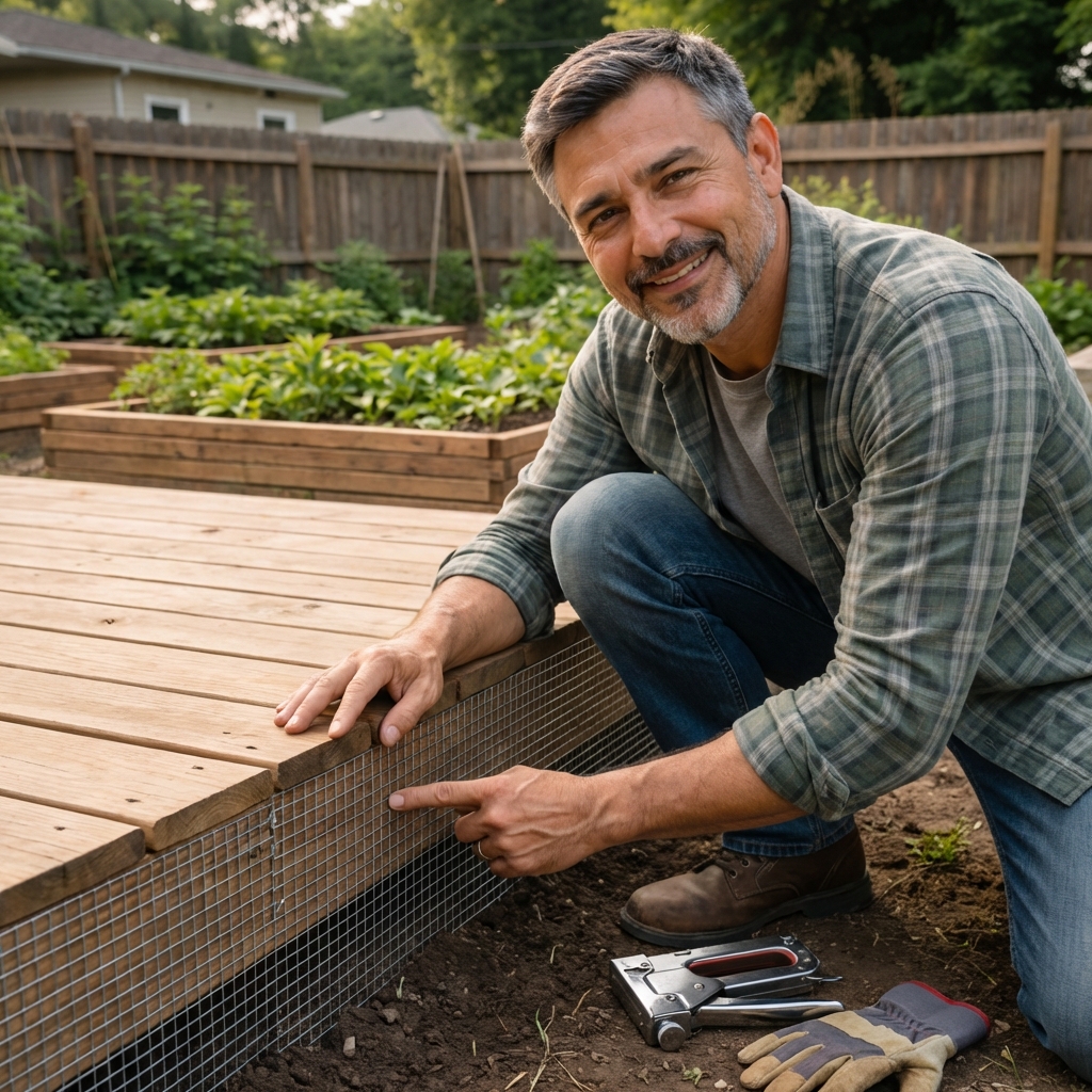 Metal hardware cloth installed along the bottom edge of a wooden deck