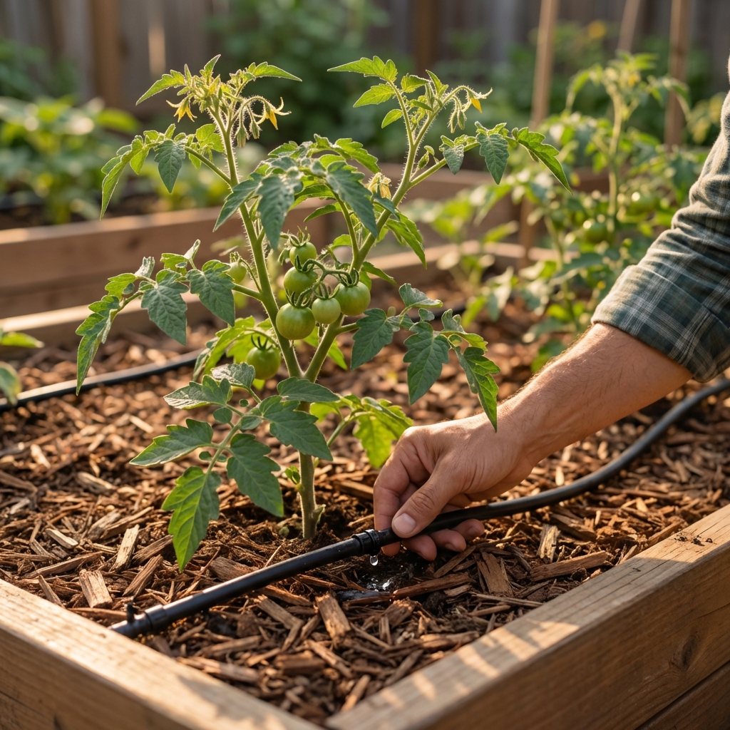 Mulched tomato plant in a raised bed with a drip irrigation line at the base