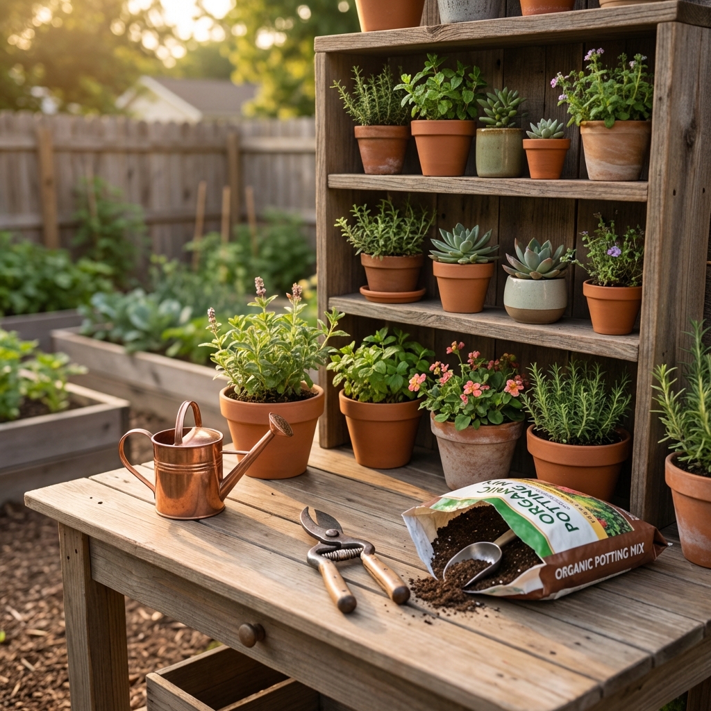 Neat plant care station with a small watering can, pruning shears, and potting mix beside a plant shelf