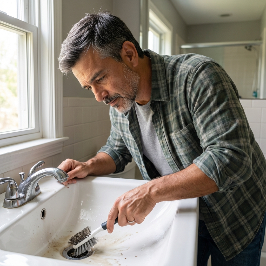Person scrubbing inside a bathroom sink drain with a drain brush