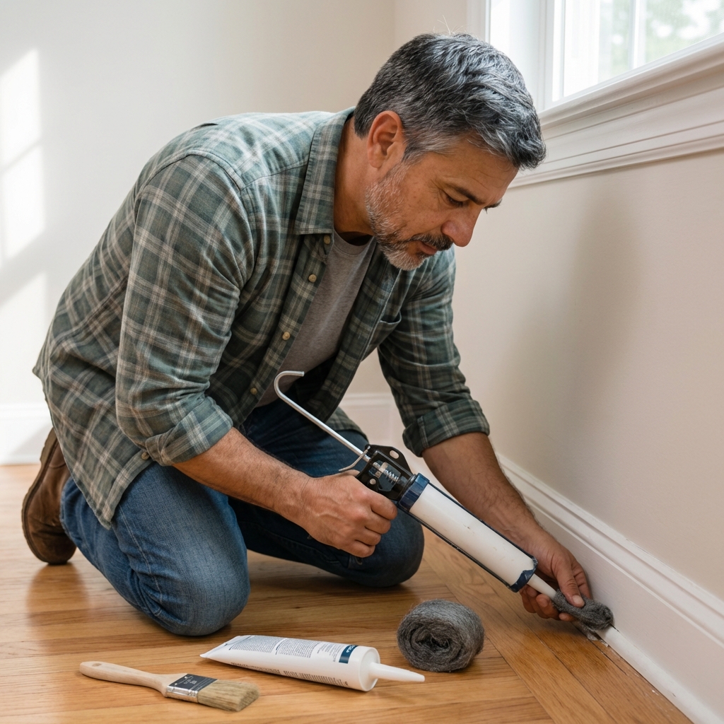 Person sealing a small gap at a baseboard with steel wool and caulk
