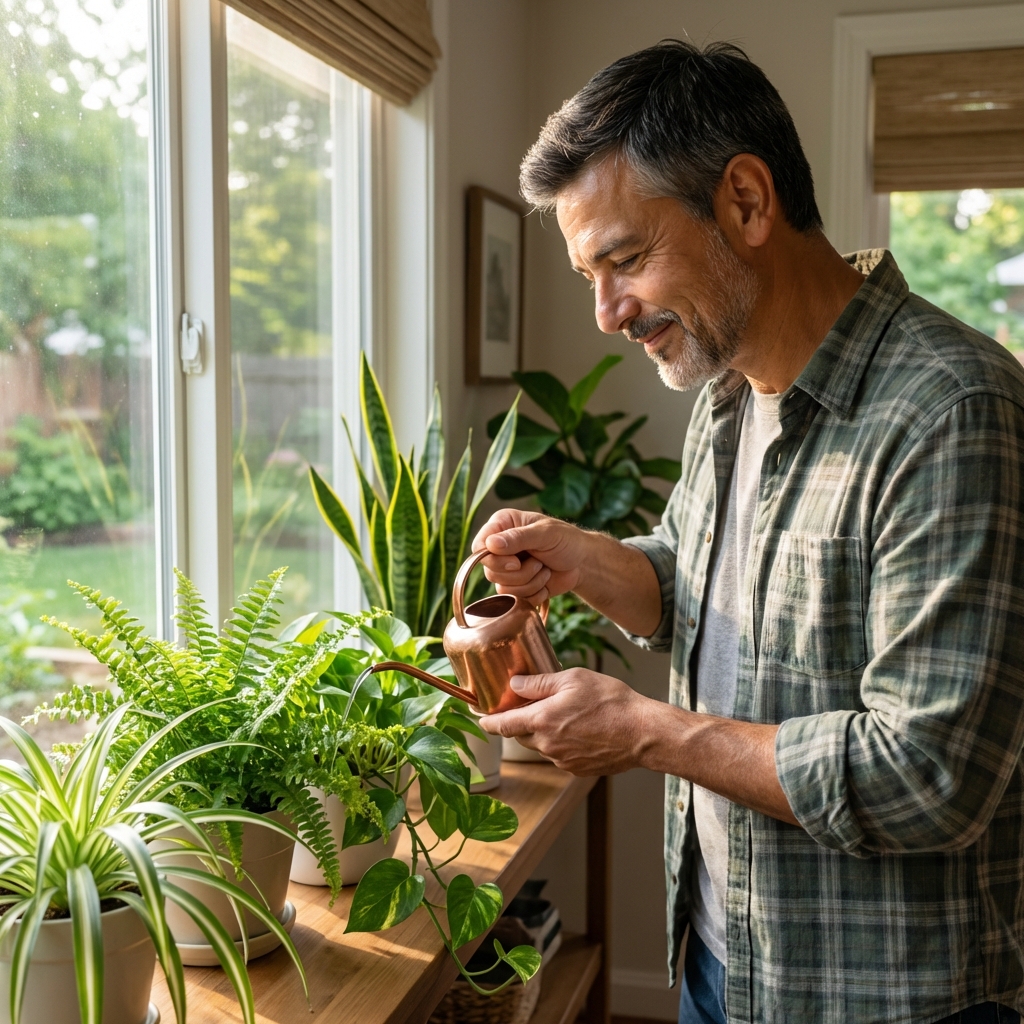 Person watering a row of healthy houseplants on a shelf near a window