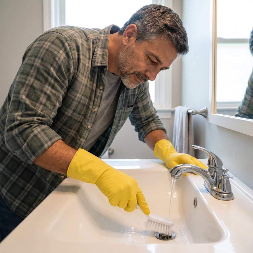 Person wearing gloves using a small drain brush at a bathroom sink drain