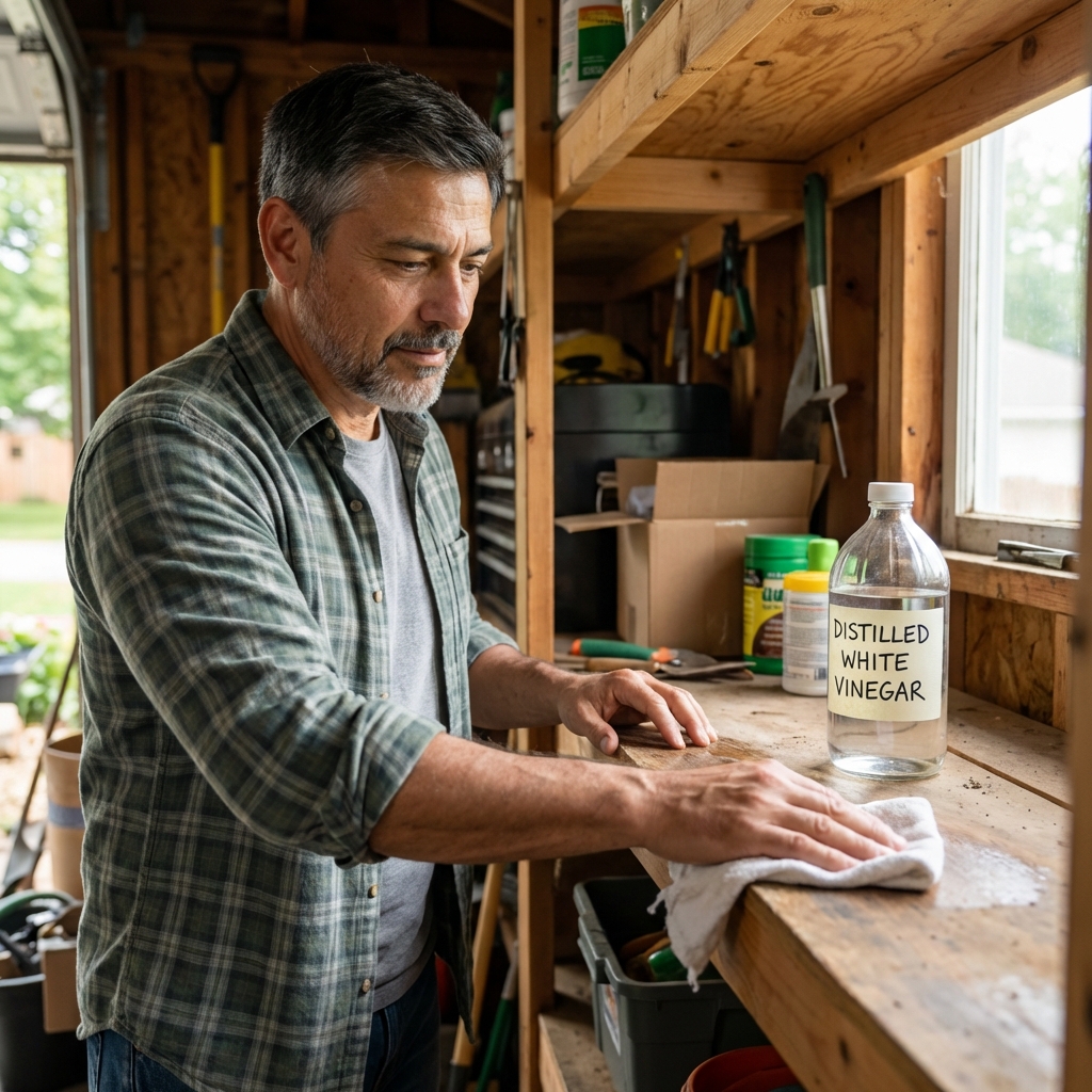 Person wiping a garage shelf with a cloth with a bottle of white vinegar nearby