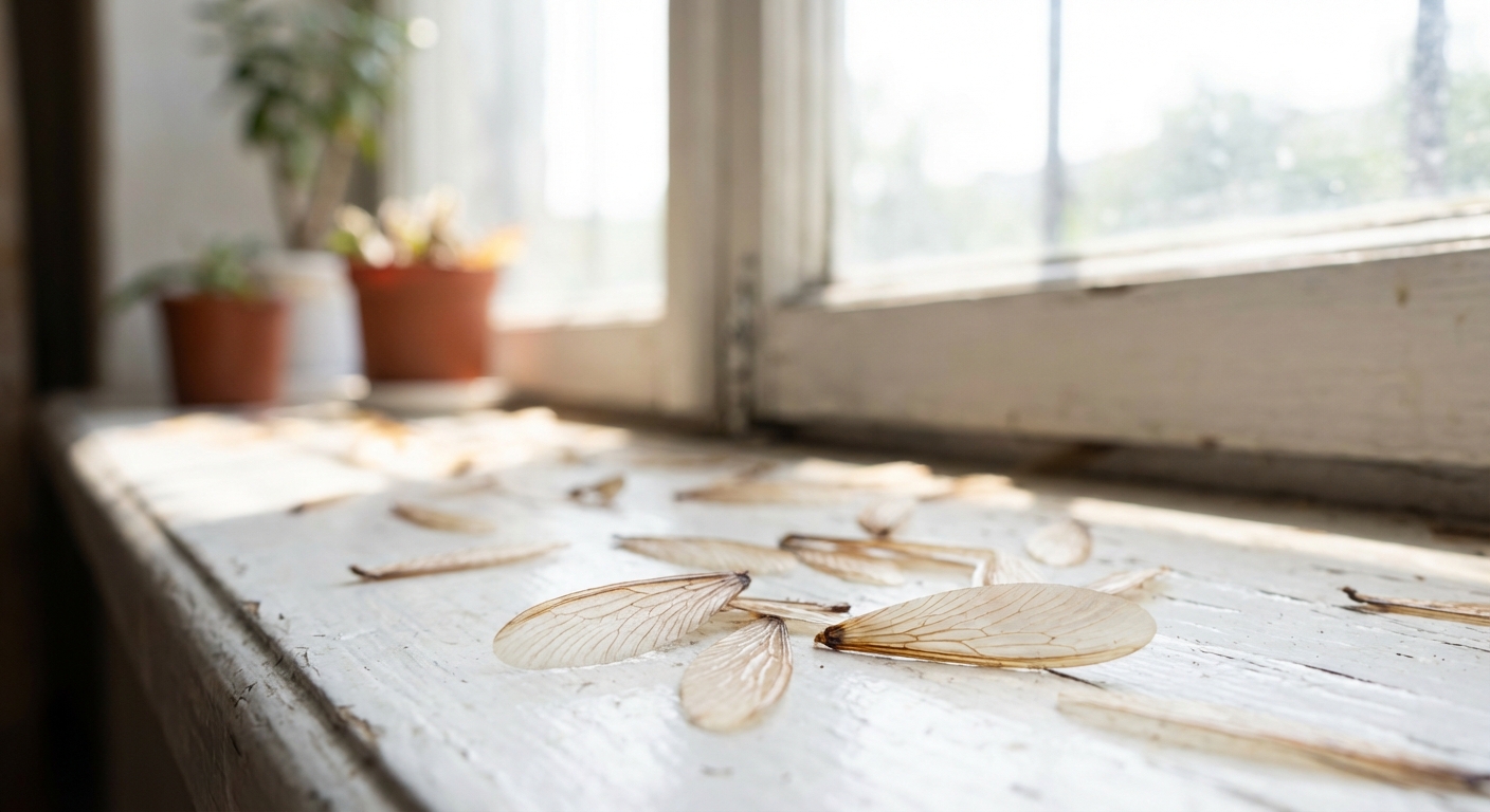 Photo of several translucent termite wings scattered on a white window sill near a closed window, bright natural daylight, shallow depth of field