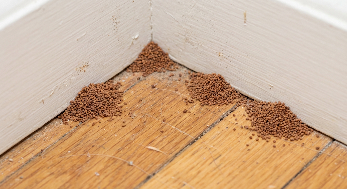 Photo of small piles of termite frass pellets collected on a wooden floor next to a baseboard, natural indoor lighting, close-up detail