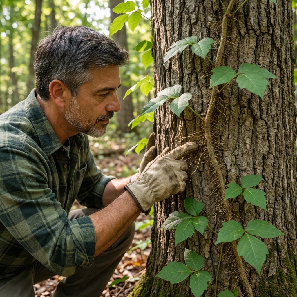Poison ivy vine climbing a tree trunk with hairy rootlets attached to the bark