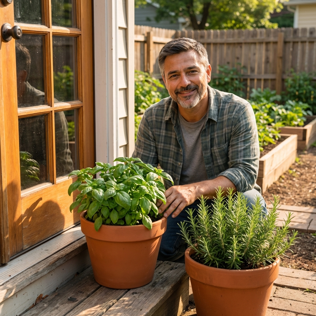Potted basil and rosemary near a sunny back door