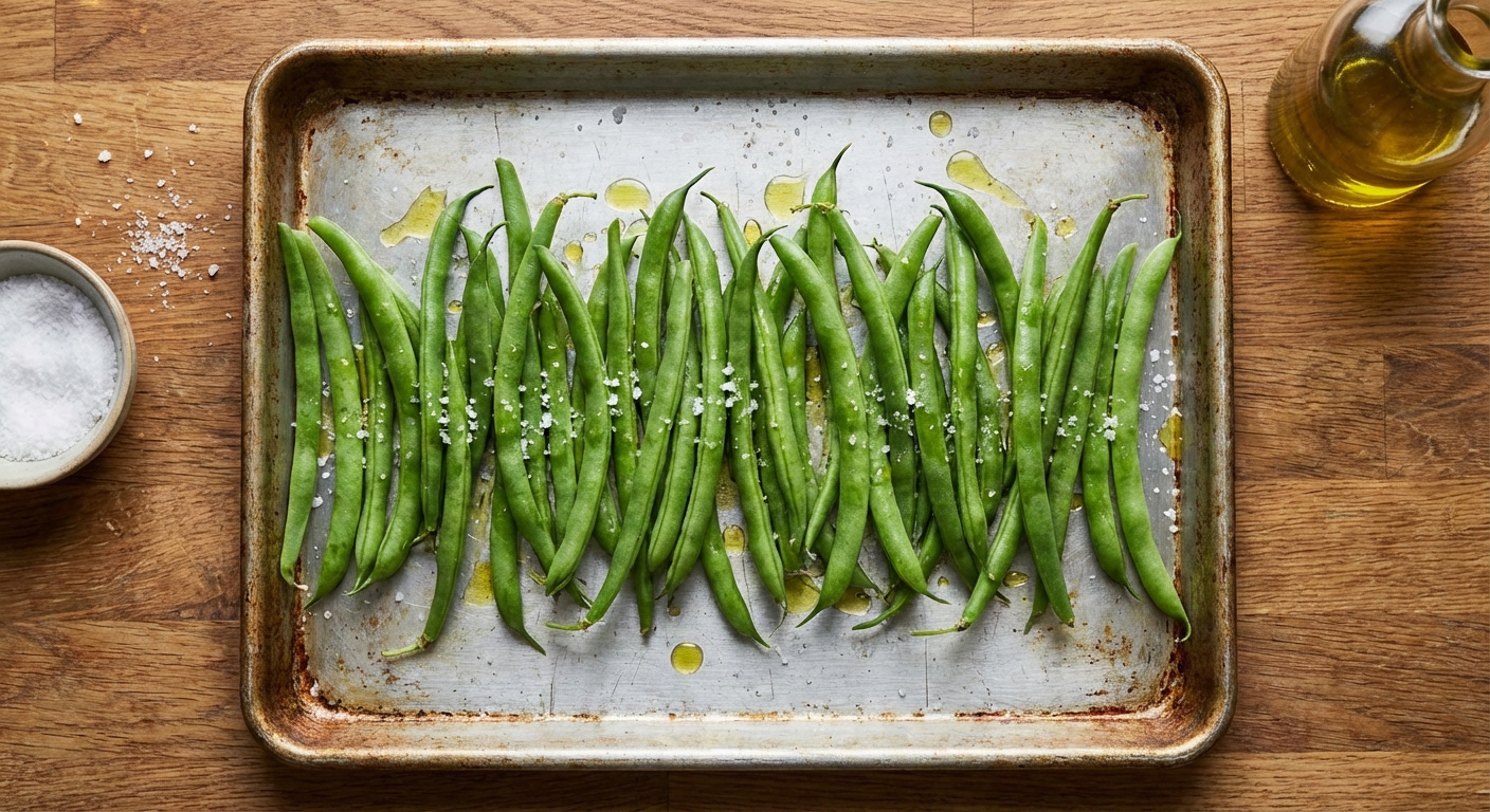 Raw green beans tossed with olive oil and salt spread in a single layer on a rimmed baking sheet