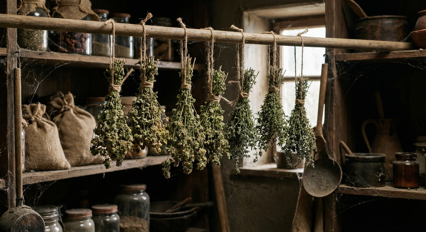 Several small bundles of oregano and thyme tied with twine and hanging upside down from a wooden dowel in a dim, dry pantry, photorealistic