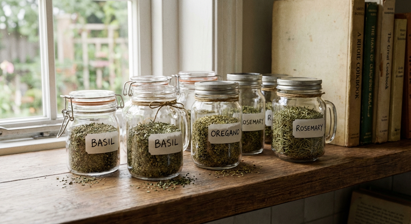Several small glass jars filled with dried basil, oregano, and rosemary on a kitchen shelf in soft natural light, photorealistic
