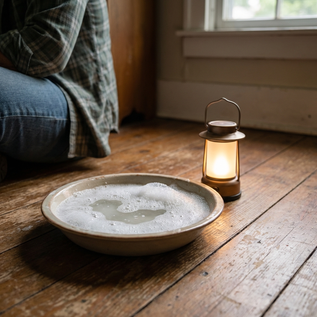 Shallow dish of soapy water on the floor near a small light
