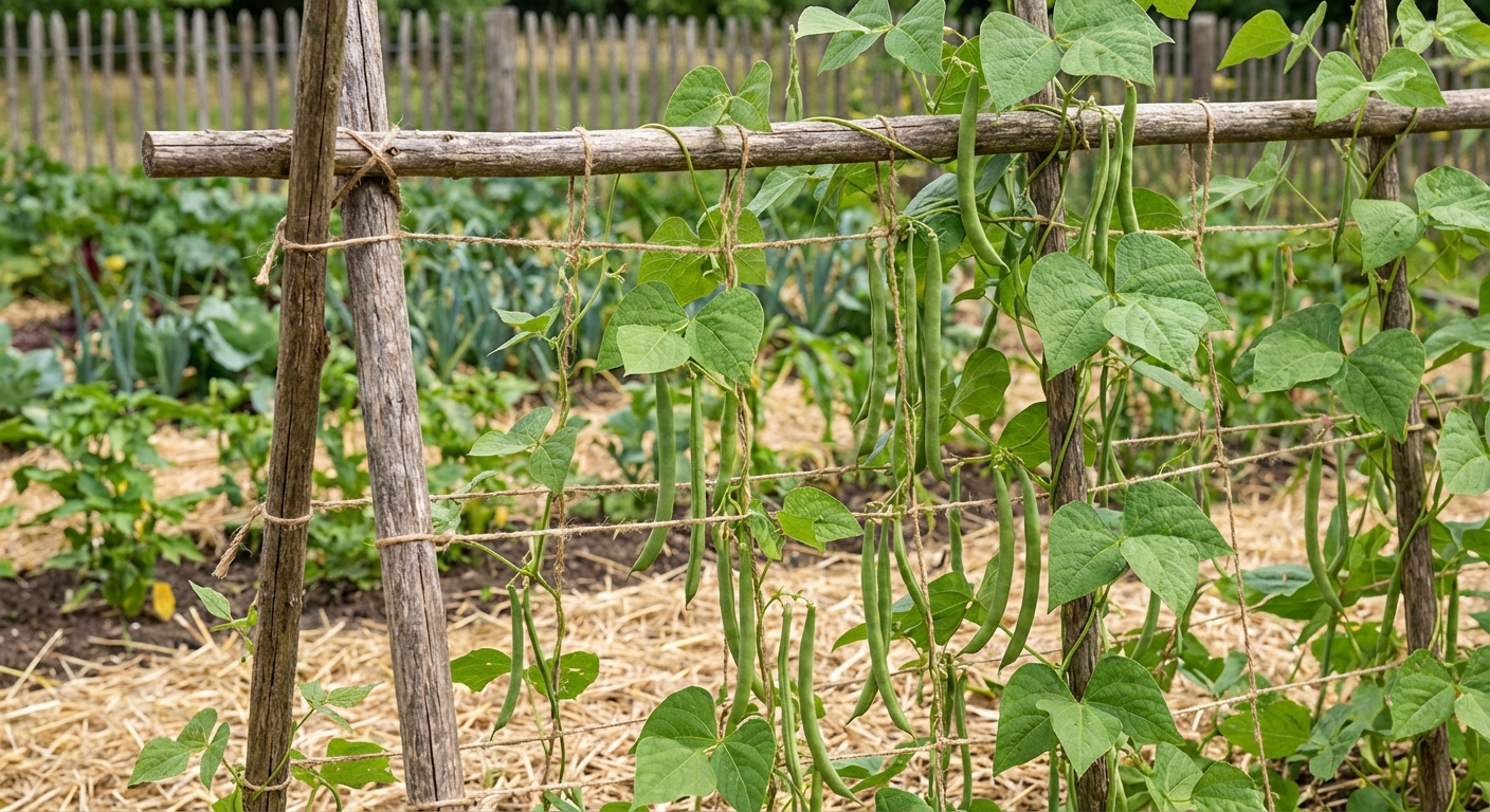 Simple trellis supporting pole beans with green pods hanging