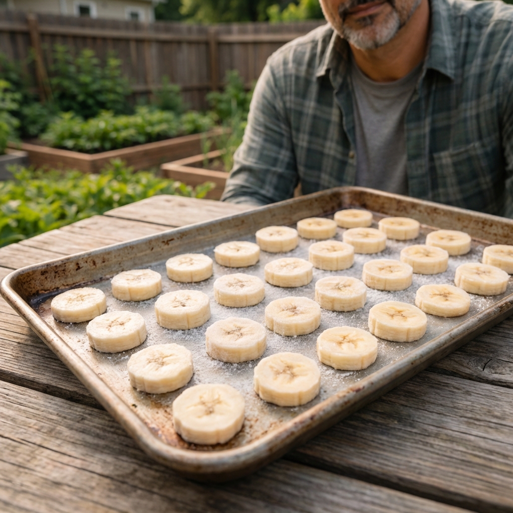 Sliced banana coins spread in a single layer on a metal baking sheet ready for freezing