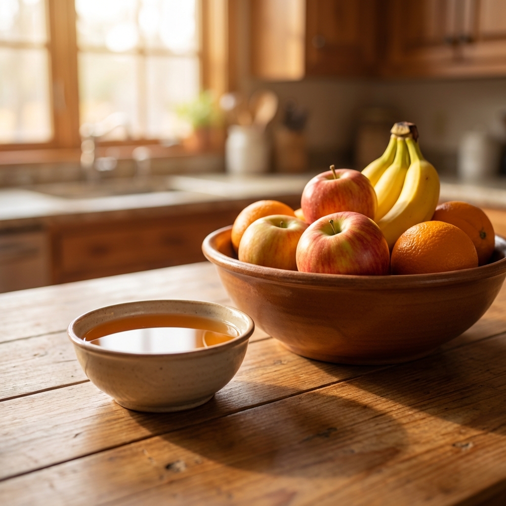 Small bowl of apple cider vinegar near a fruit bowl on a kitchen counter