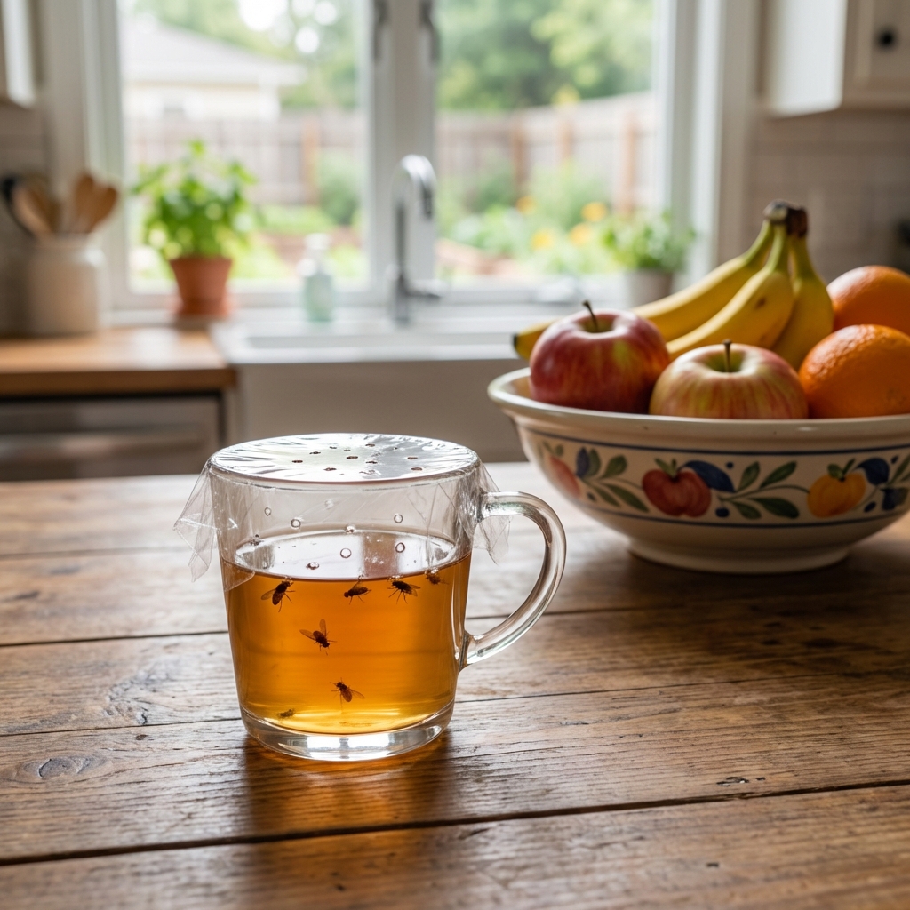 Small cup of apple cider vinegar trap on a kitchen counter near a fruit bowl