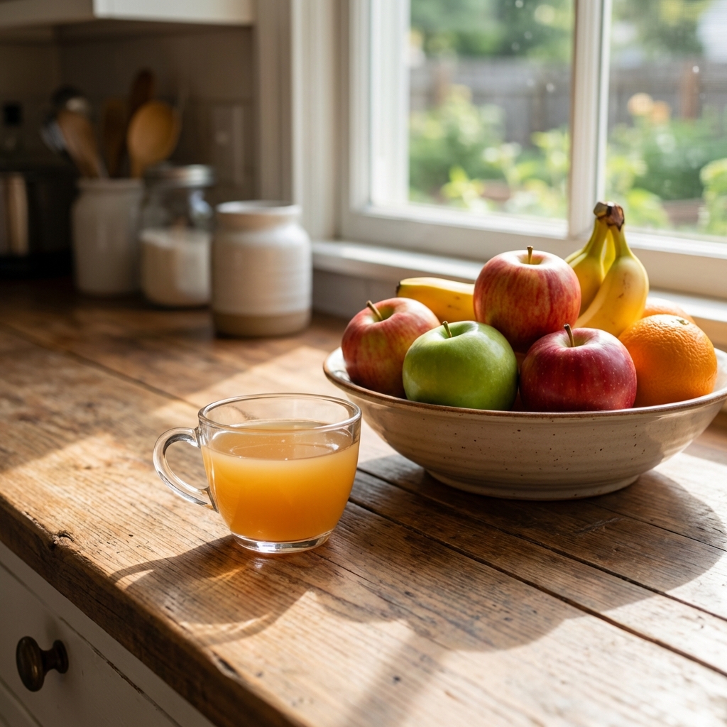 Small glass cup with apple cider vinegar on a kitchen counter near a fruit bowl