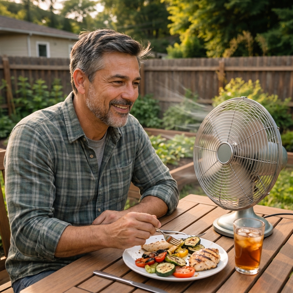 Small oscillating fan blowing across an outdoor patio table during a summer meal