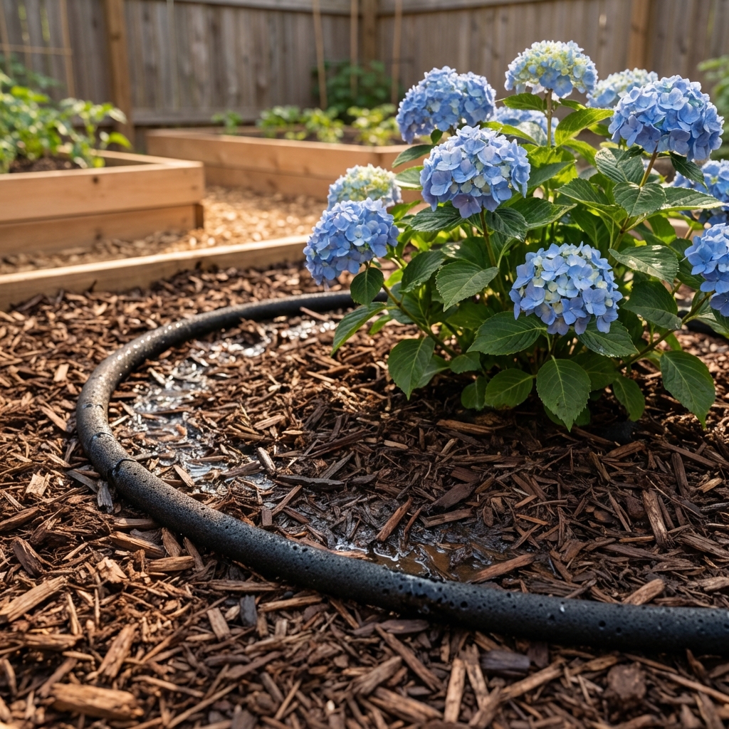 Soaker hose running under mulch around a hydrangea shrub