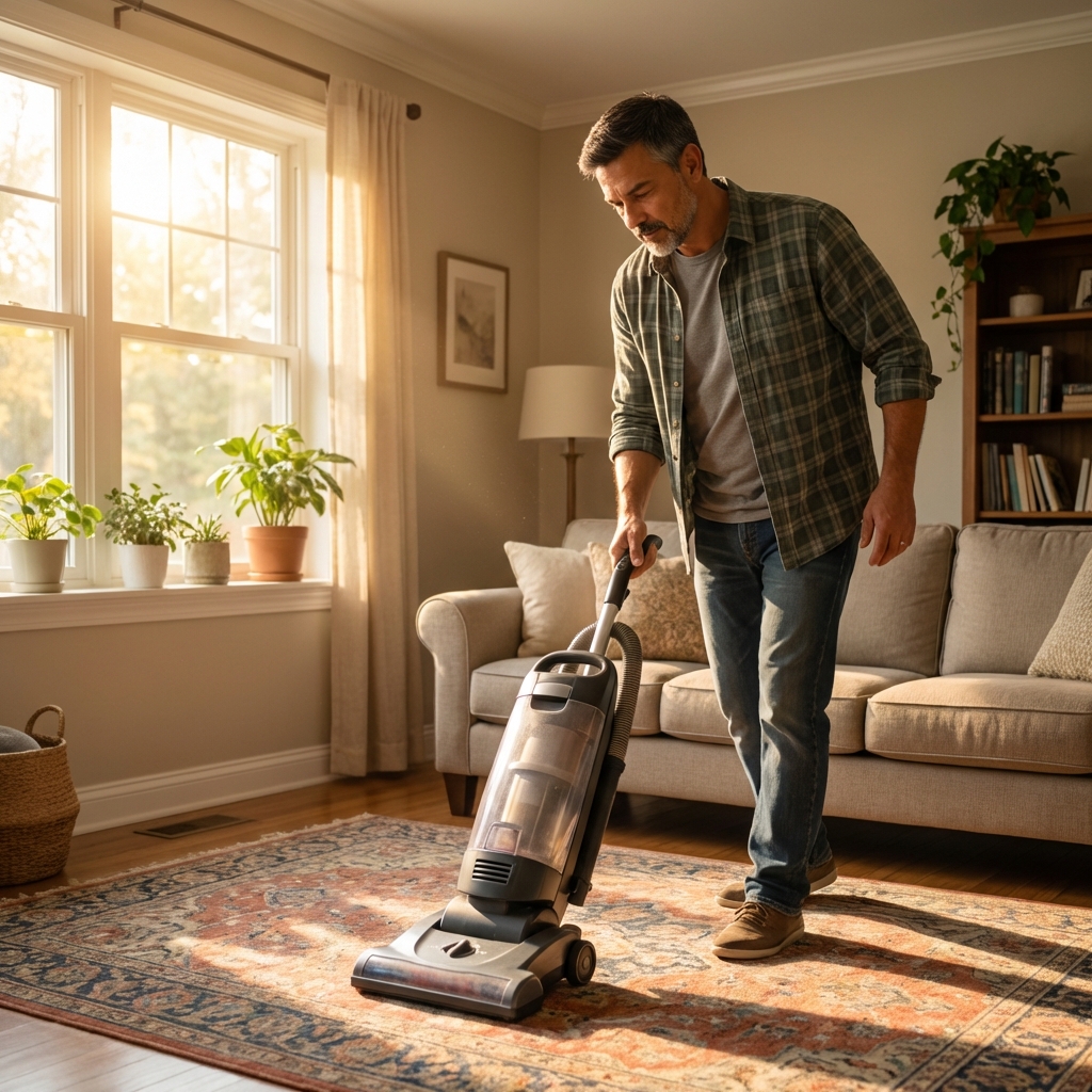 Someone vacuuming a carpet in a living room with sunlight coming through a window