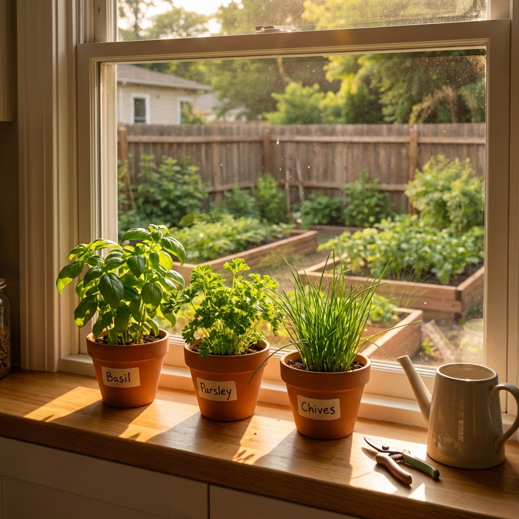 Sunny kitchen windowsill with small pots of basil, parsley, and chives growing