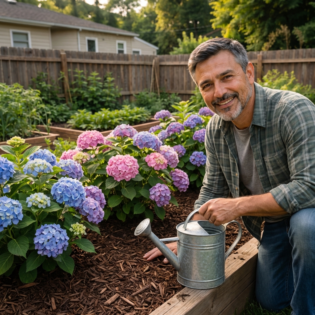Tidy hydrangea planting bed with fresh mulch and a watering can resting on the edge