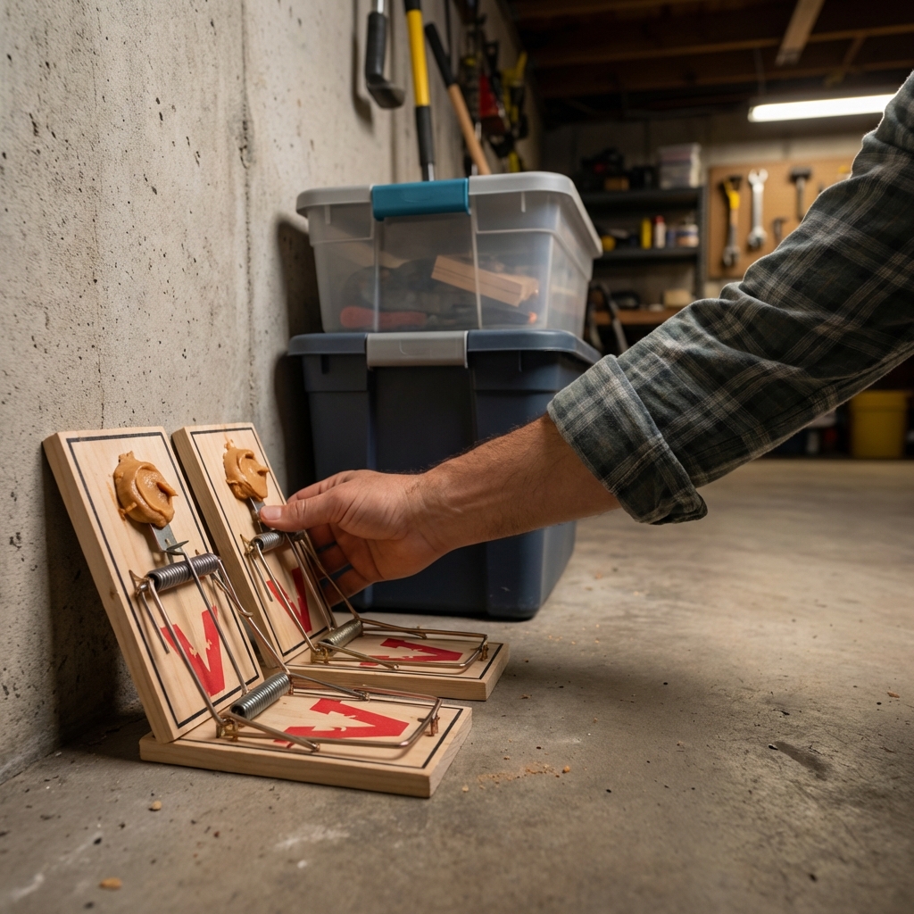 Two snap mouse traps placed tight against a garage wall near stored bins