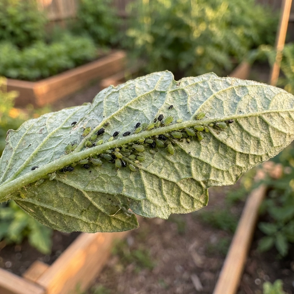 Underside of a tomato leaf with a cluster of aphids along the main vein
