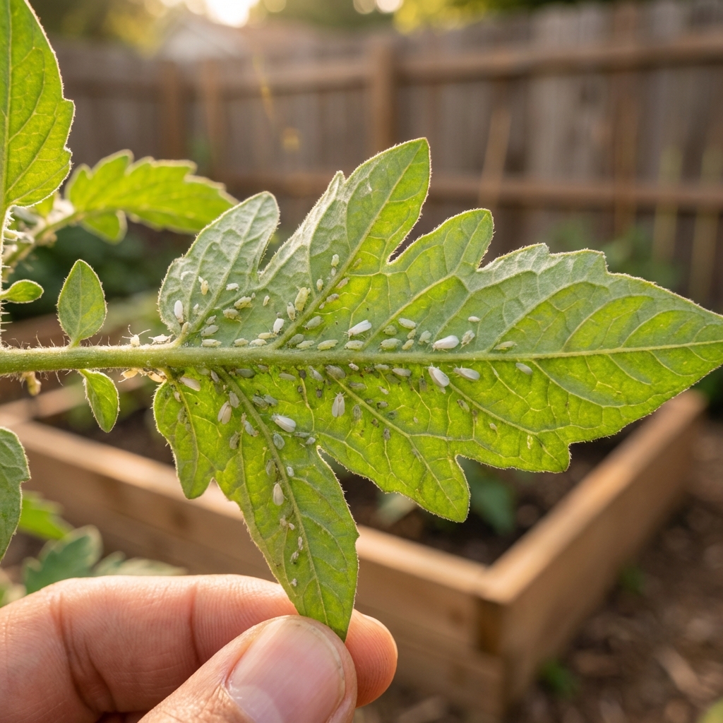 Underside of a tomato leaf with small pale insects clustered along the veins