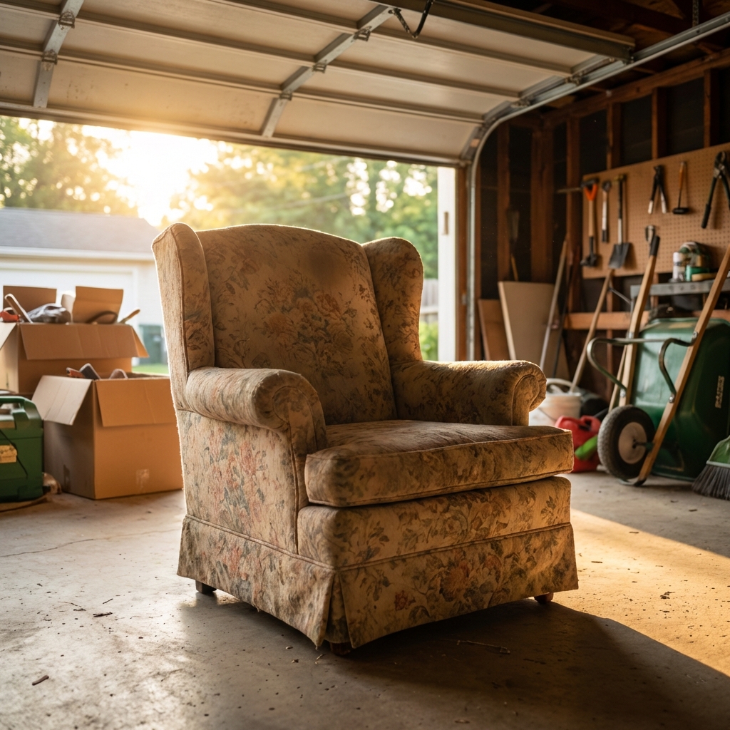 Used upholstered armchair placed in a garage with sunlight coming through the door