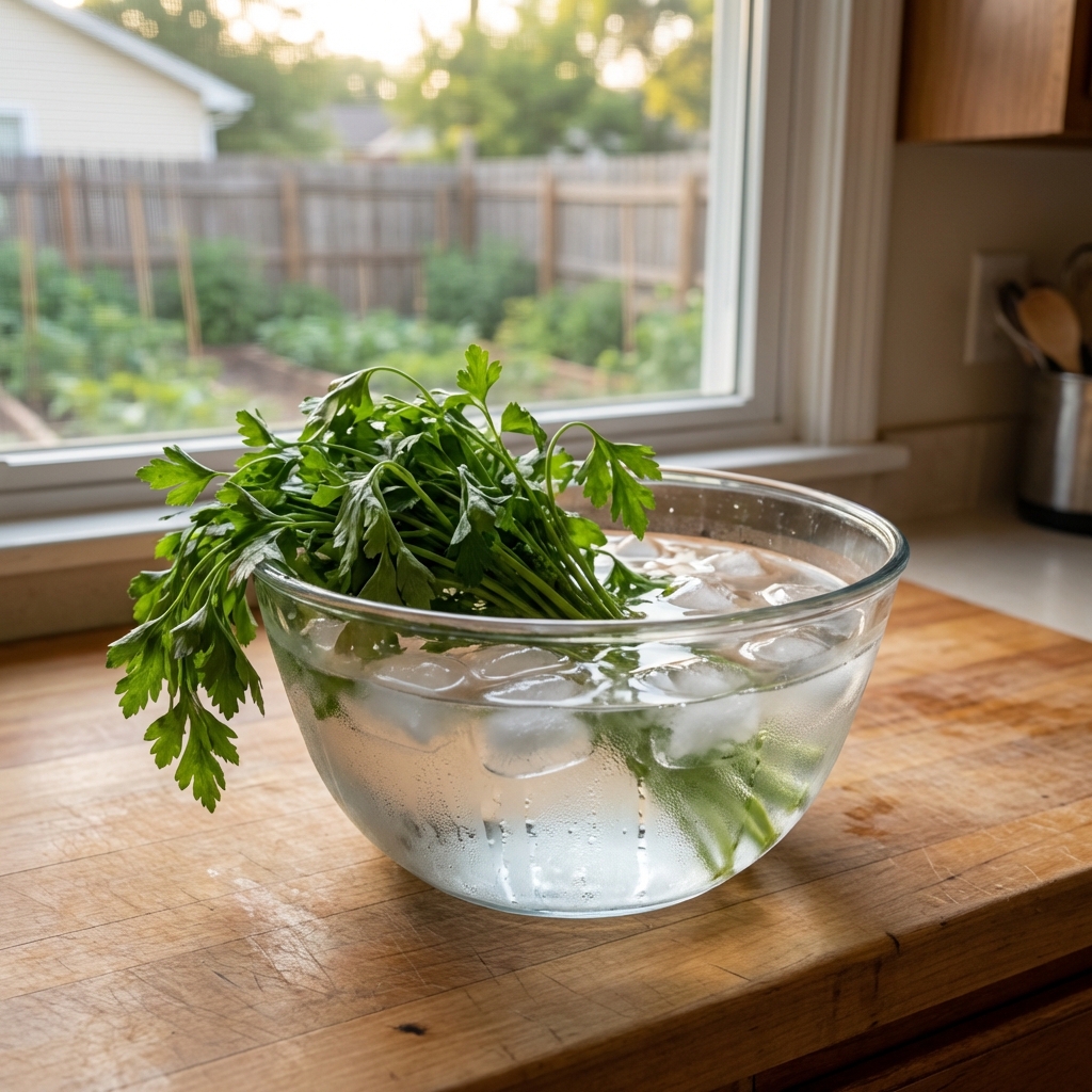 Wilted parsley sitting in a bowl of cold water on a kitchen counter