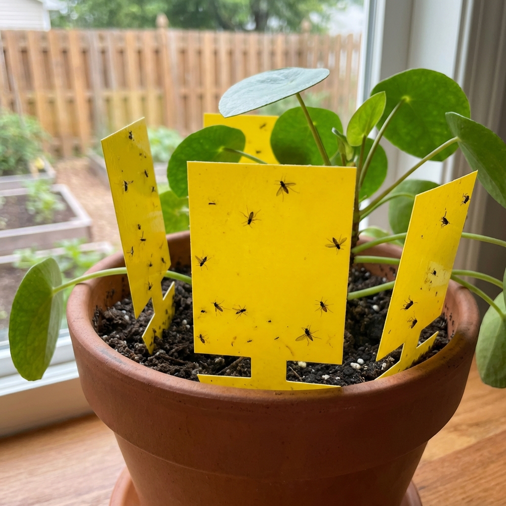 Yellow sticky trap cards placed at soil level in a houseplant pot